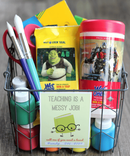 Cleaning supplies in basket.