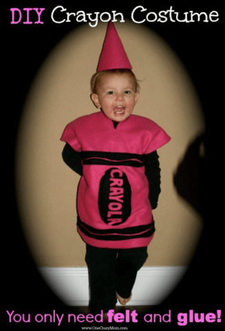 DIY Crayon costume on child with hat.