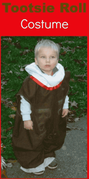 Child in tootsie roll costume.