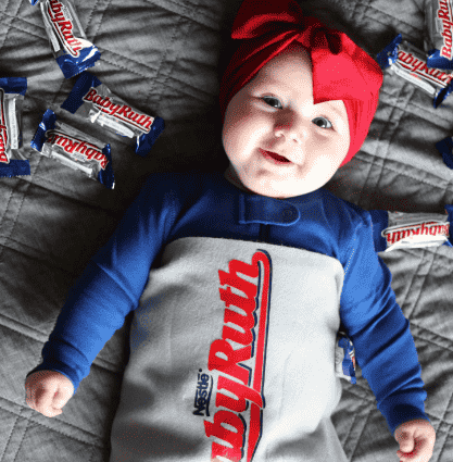 Baby in candy bar costume.