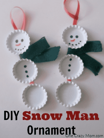 Bottle cap snowman ornaments ready to go on tree.