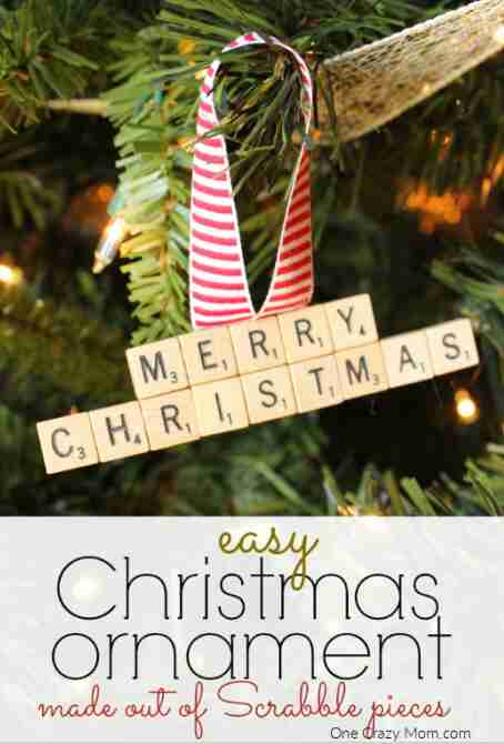 Scrabble ornament on tree.