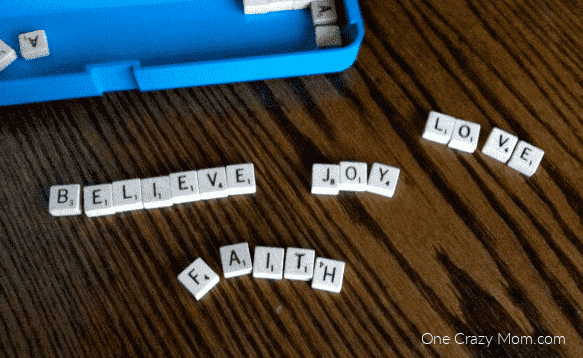 scrabble letters on table.