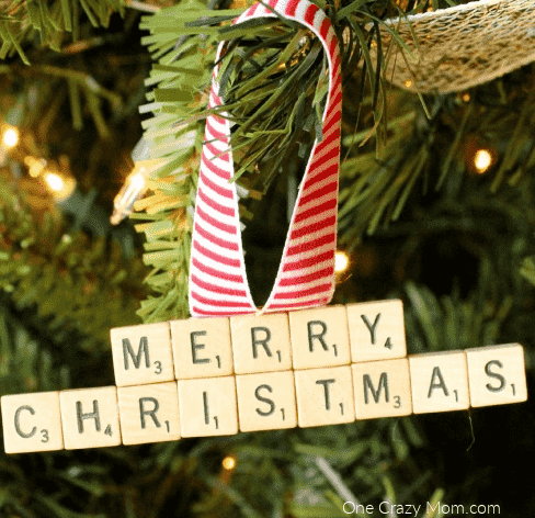 Scrabble ornament on tree.