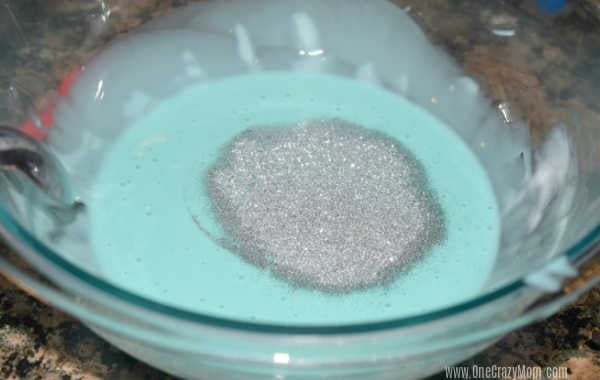 Glitter poured into bowl.