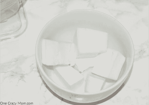 Soap cubes in dish.