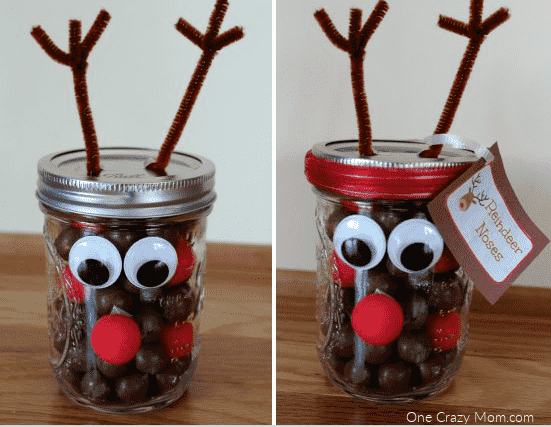 Easy Reindeer noses mason jar gift with antlers.