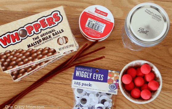 Supplies needed for Easy Reindeer noses mason jar gift.