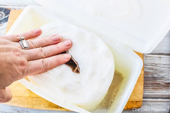 Pressing by hand the paper towels in the liquid in the wipe container