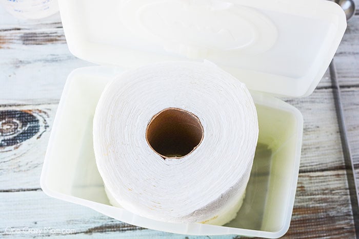 Paper towels in a baby wipe holder