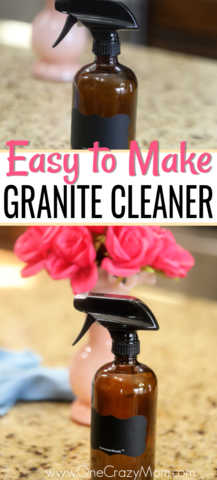 How to clean granite countertops easily with this Homemade Granite Cleaner. DIY granite cleane is easy and much cheaper than store bought granite cleaners. Bottle of granite cleaner on the counter.