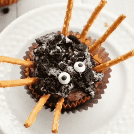 Spider cupcake on a plate.