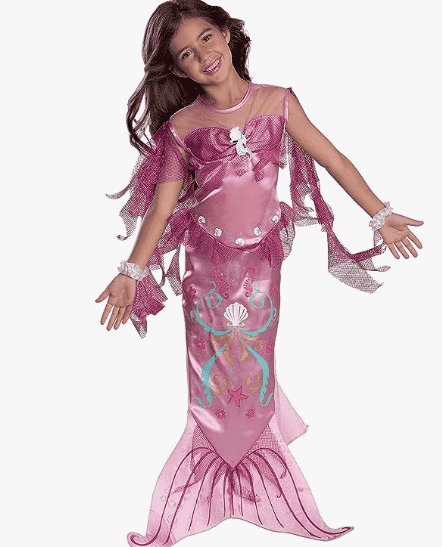 Pink Mermaid costume on girl standing up.