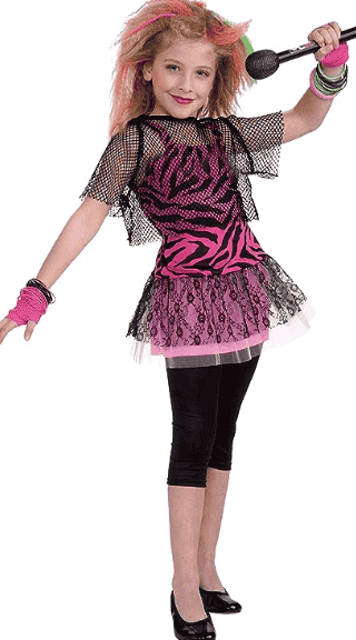 Child in 80's costume with microphone.