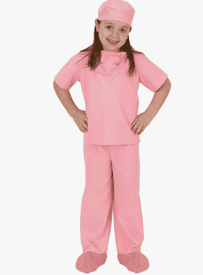 Girl in pink scrubs costume.