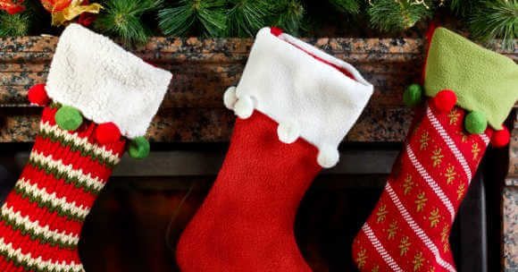 Stockings on a fireplace.