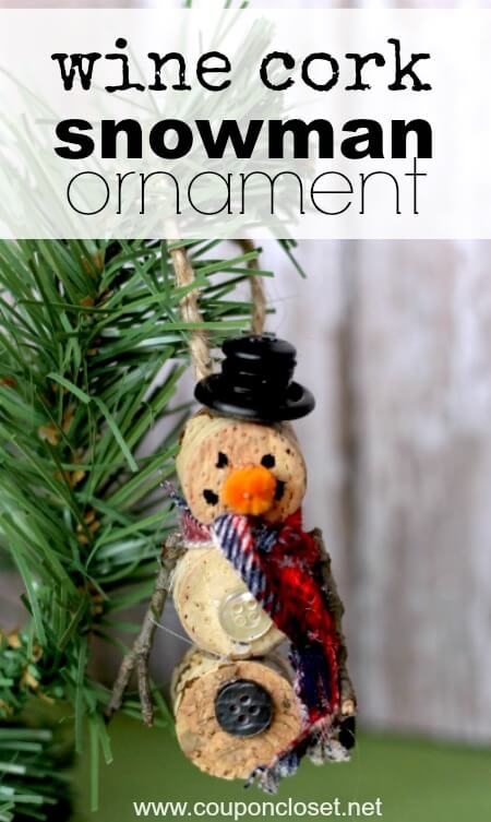 Wine cork ornament hanging on tree.