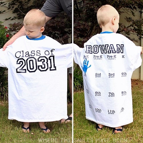 Here are 10 fun first day of school picture ideas. These first day of school picture ideas are perfect for back to school. Try one of them this year! Child in oversized shirt.