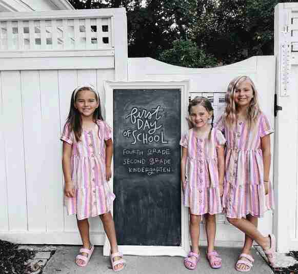Large chalkboard with grades and children beside it.