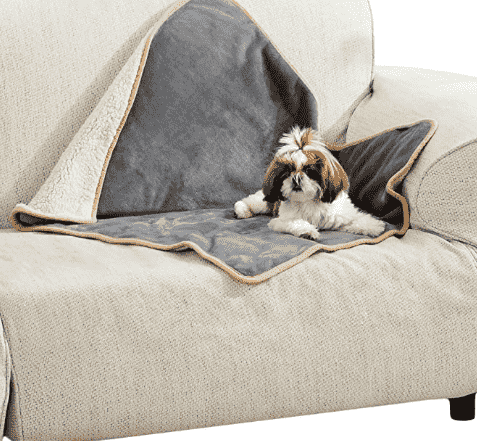 Dog blanket with dog on a couch.