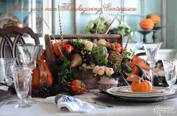 Thanksgiving centerpiece on a dining room table.
