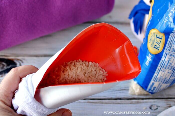 Rice going into sock.