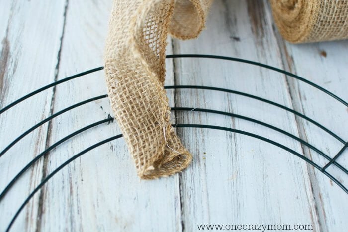 Burlap ribbon on wire form.