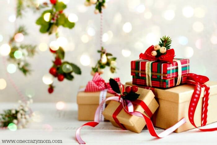 Christmas gifts in a pile.