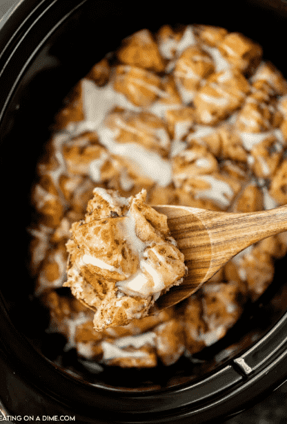 Cinnamon roll casserole in a crock pot.