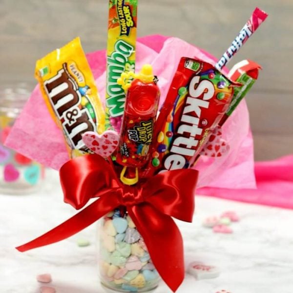 Candy bouquet in a vase.