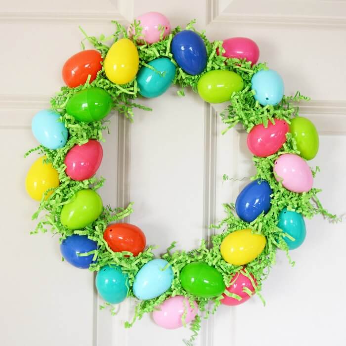 Easter egg wreath with plastic eggs.