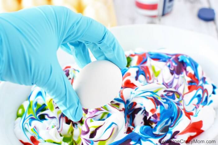 Egg dropped in shaving cream.