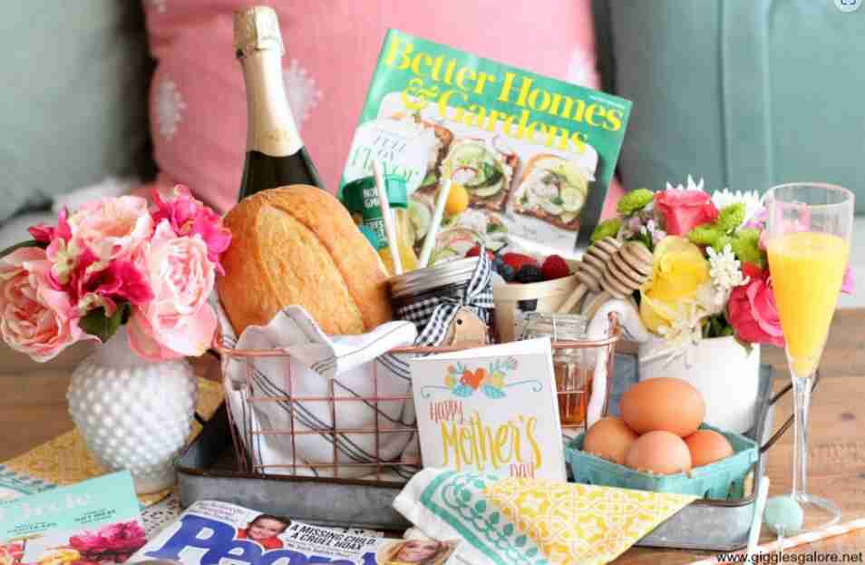 Brunch basket with juice, treats and flowers.