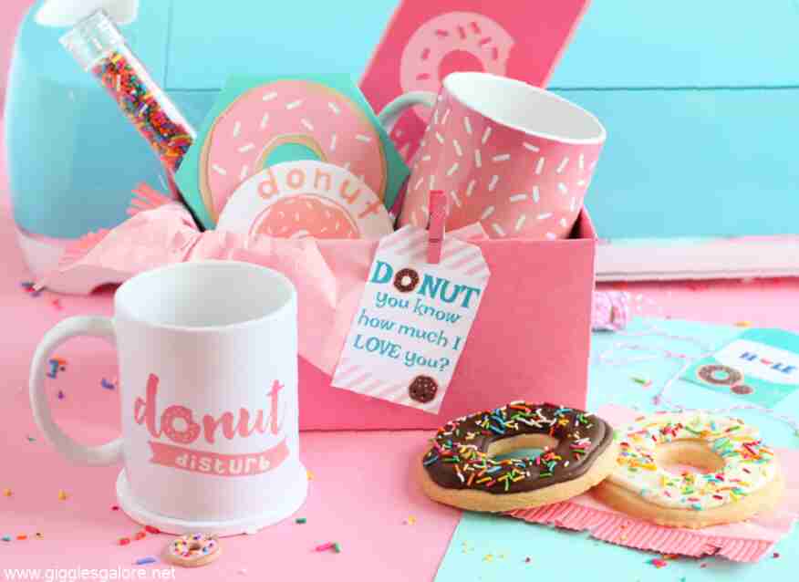 donut gift box with coffee cup, donuts and more.
