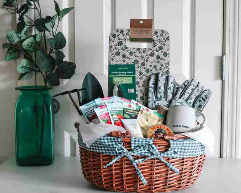 Basket with gardening supplies.
