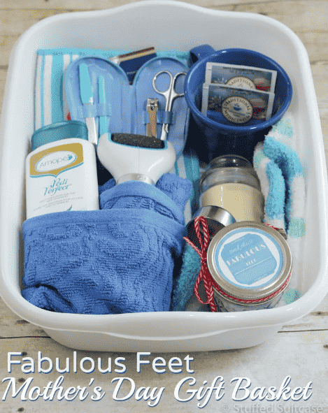 Tub with spa day gifts inside.
