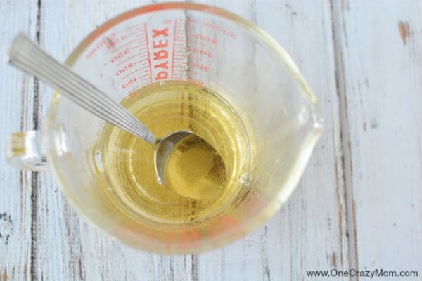 Mixture stirred together in a measuring cup.