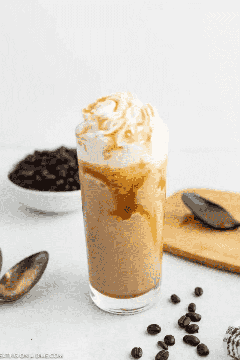Copycat Starbucks Caramel Frappuccino in a tall glass.