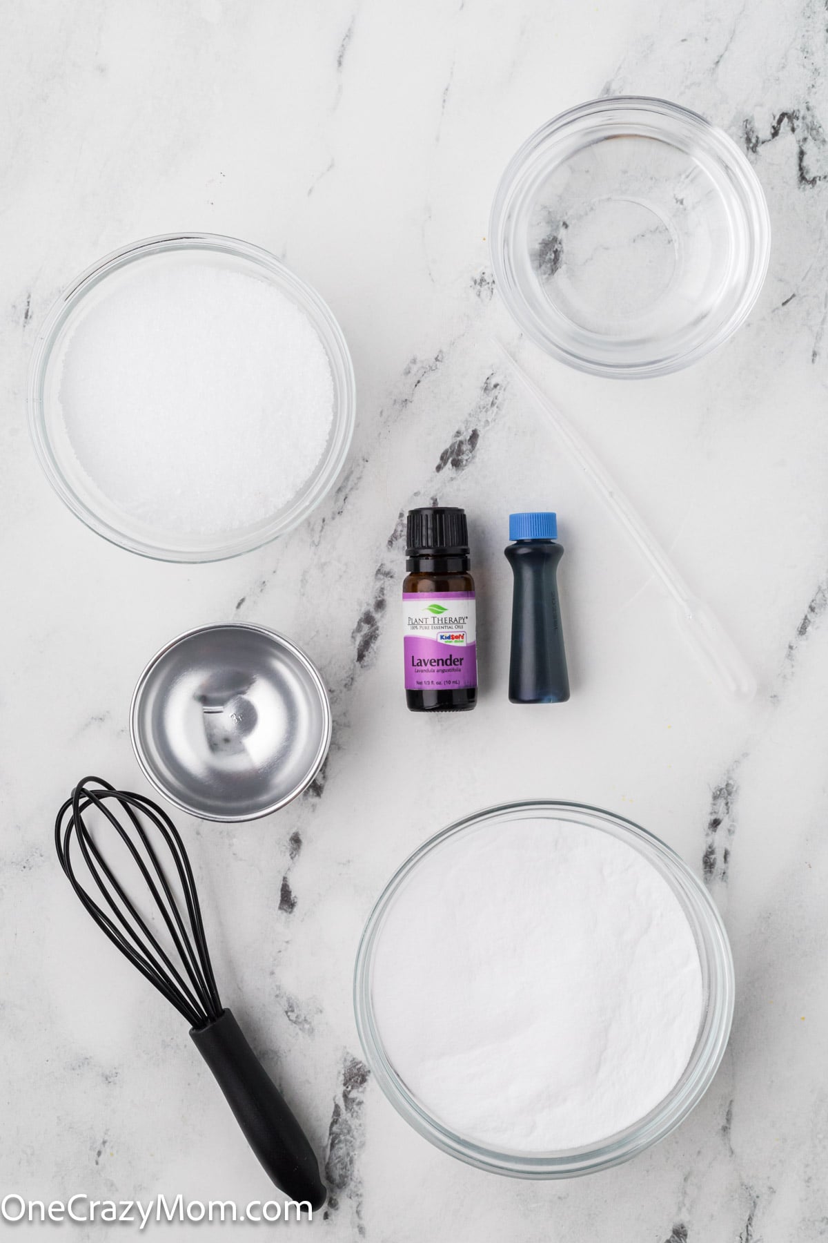 Supplies for Bath Bombs - citric acid, baking soda, pipette, food coloring, essential oils.
