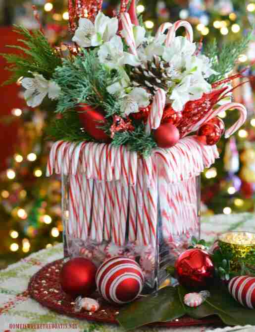 Candy Cane centerpiece with flowers.