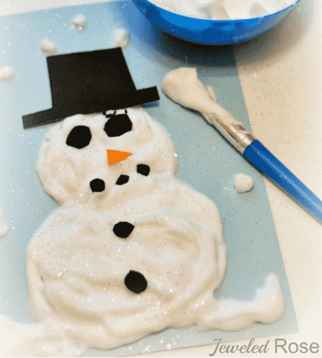 Snowman made out of snow paint on paper.