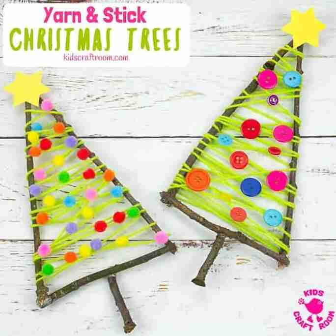 Colorful Christmas trees made out of twigs and twine.