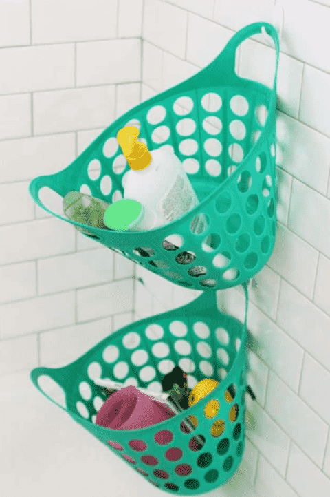 Hanging basket in shower.