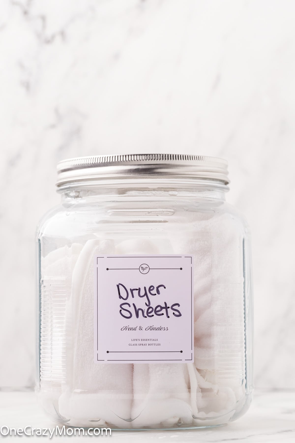 Dryer Sheets ready to use in a glass jar.