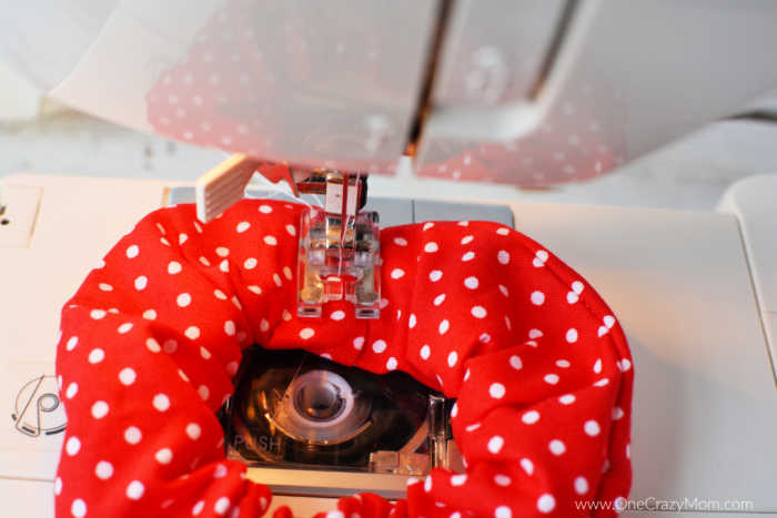 The ends of scrunchie being stitched.