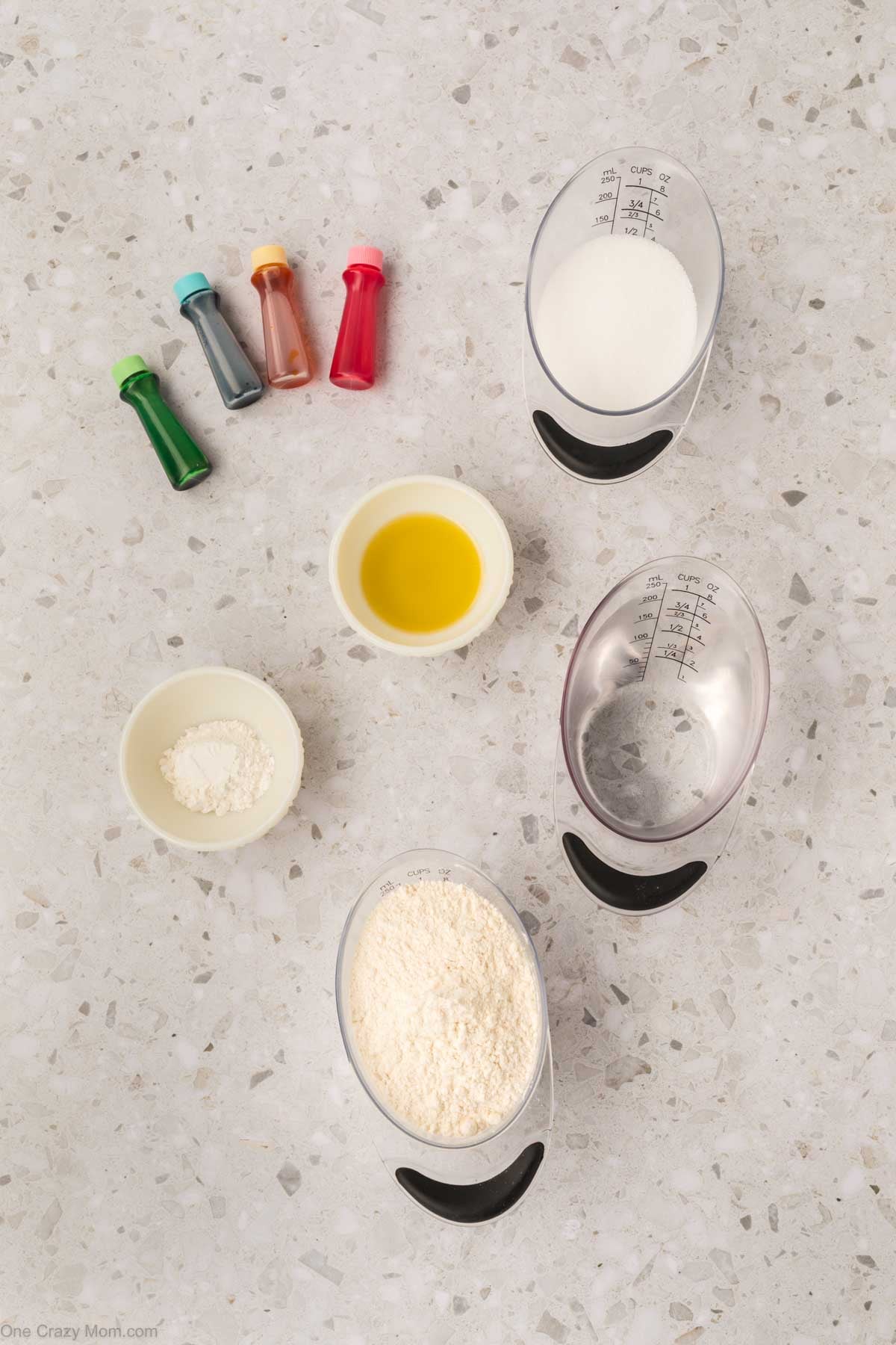 Ingredients for playdough - flour, salt, cream of tartar, vegetable oil, food coloring,.
