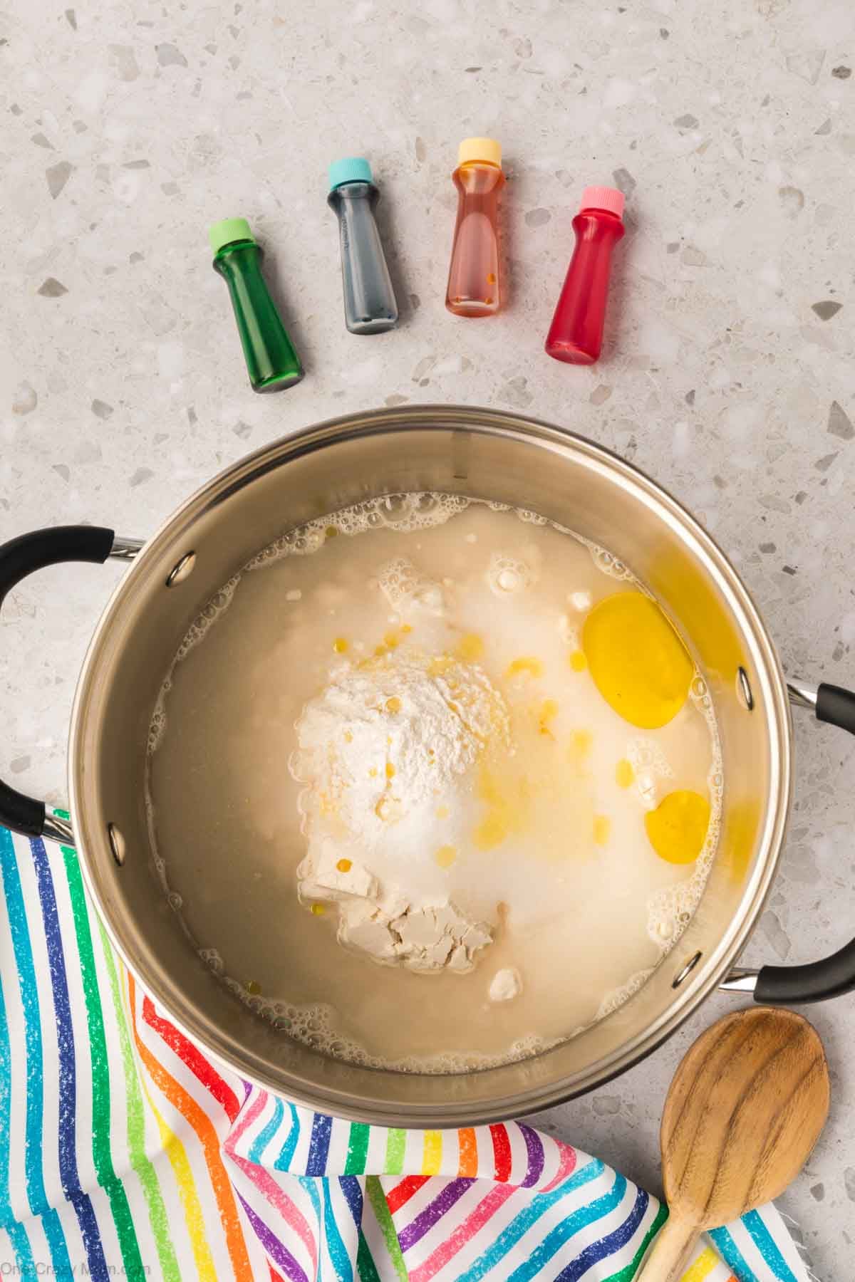 Playdough ingredients poured into a pan.
