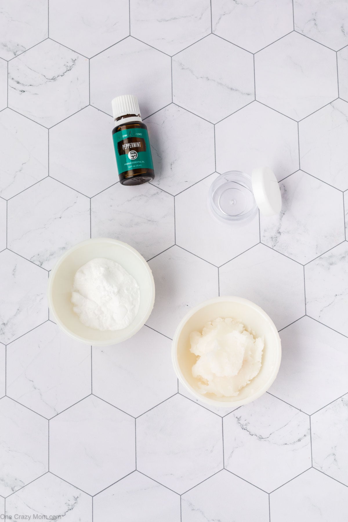Ingredients - baking soda, coconut oil, peppermint essential oil, container.