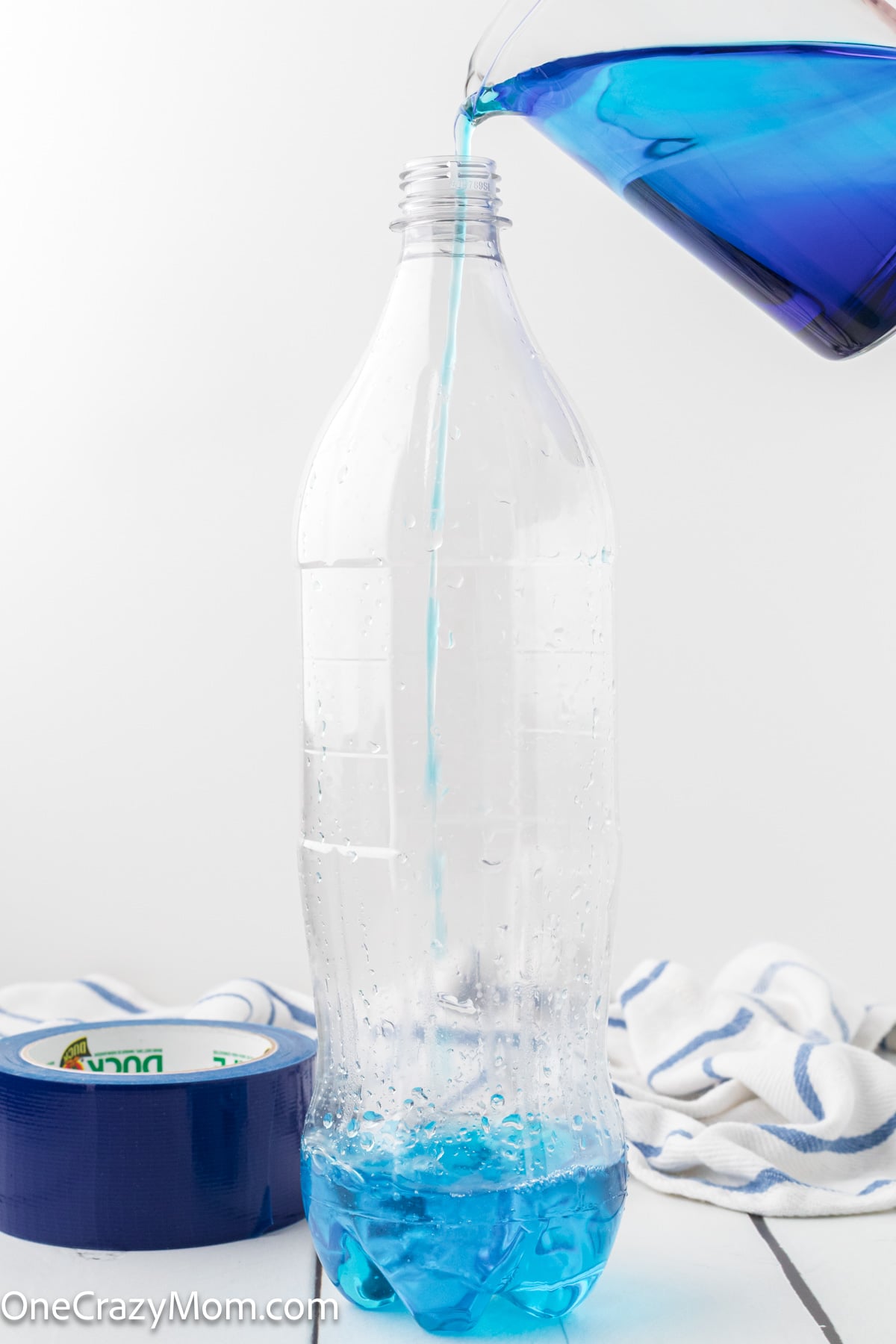 Water mixture poured into plastic bottle.