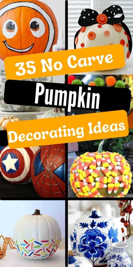 35 of the best no carve pumpkin decorating ideas. These simple and fun DIY ideas include paint, stencils and other unique ways to decorate pumpkins. Choose from Disney princesses, monograms, farmhouse, superheroes, donuts and much more. Each idea is so much fun and absolutely no knives needed. #onecrazymom #nocarvepumpkindecoratingideas #diy